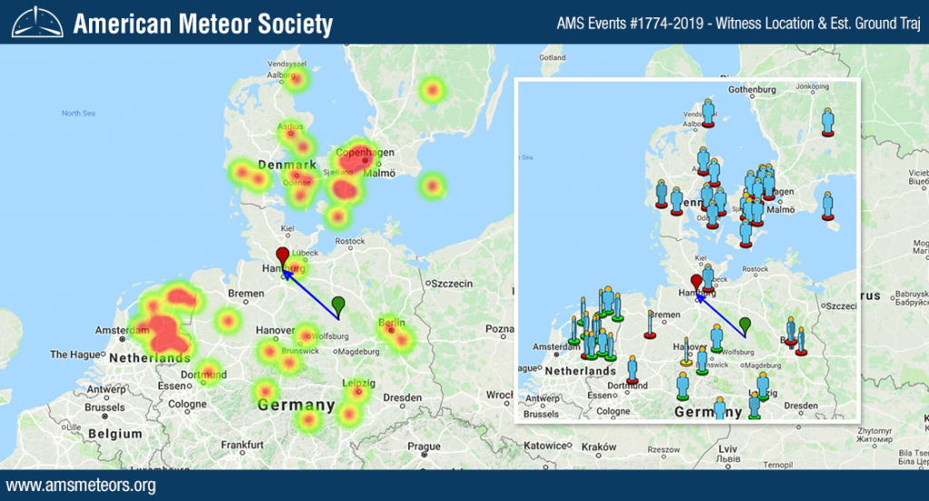 AMS Event #1774-2019 – Witness location and estimated ground trajectory