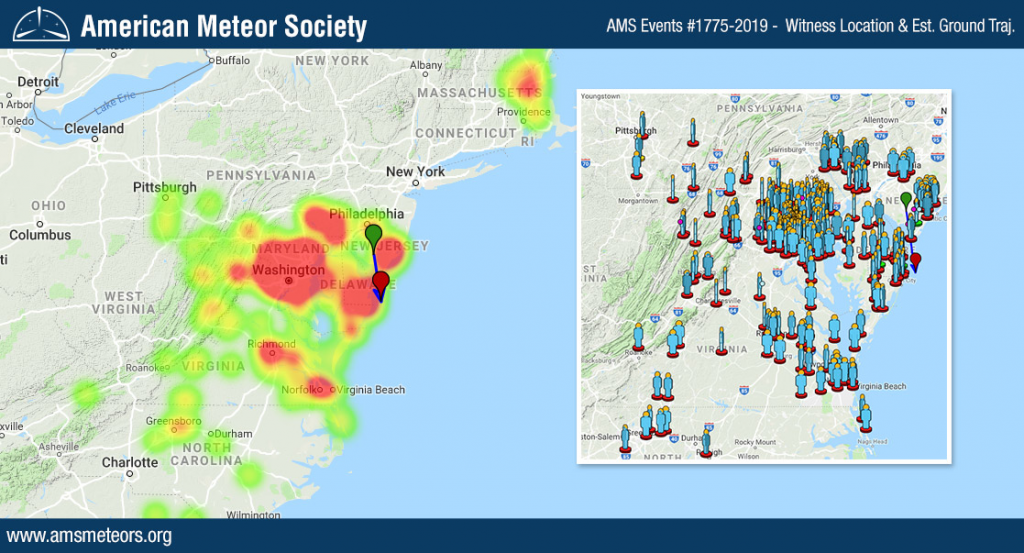 AMS Event #1775-2019 – Witness location and estimated ground trajectory