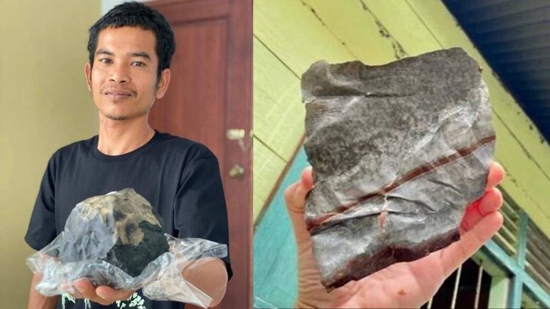 Josua segurando o meteorito e pedaço do telhado de zinco arrancado na queda - Divulgação/Facebook/Josua Hutagalung